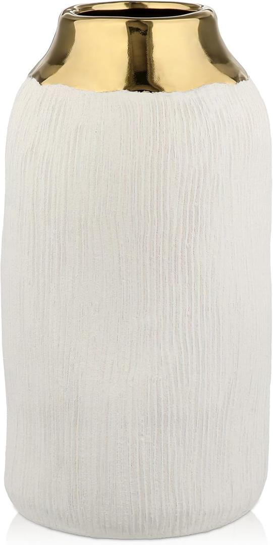 10.2" Ceramic Flower Vintage Vase - White & Gold Stripes Textured Ceramic Vase for Farmhouse Modern Home Decor Pampas Grass Centerpieces Living Room Bedroom Office Decoration
