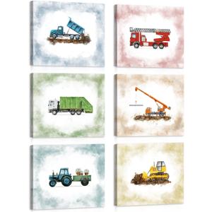 HLNIUC Watercolor Construction Vehicle Themed Wall Decor Set of 6(8X10)Colourful Truck Tractor Canvas Art Print Construction Transportation Artwork Engineering Car Framed Wall Poster for Kid Bedroom