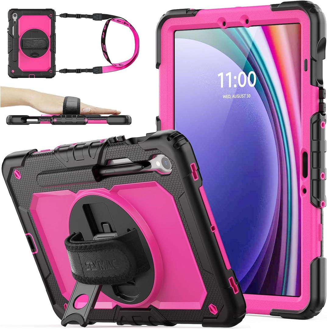 SEYMAC stock Case for Samsung Galaxy Tab S10 Lite / S10 FE / S9 FE 5G / S9 Tablet Case 10.9''/ 11'' Protective with Screen Protector, Pen Holder, 360 Rotate Stand, Hand Strap, Shoulder Strap, Pink