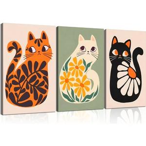 3Pcs Boho Cats Canvas Wall Decor Framed 16x24 Inches