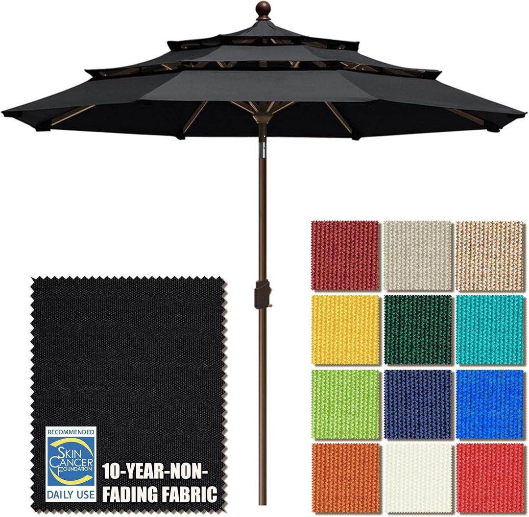 EliteShade USA 10-Year-Non-Fading 9ft 3-Tier Market Patio Umbrella, Commercial Grade Outdoor Table Umbrella with Crank Open, Windproof & UPF 50+ UV Protection, Heavy Duty Ventilation for Garden, Deck, Pool, Backyard, Beach & Bistro, Black