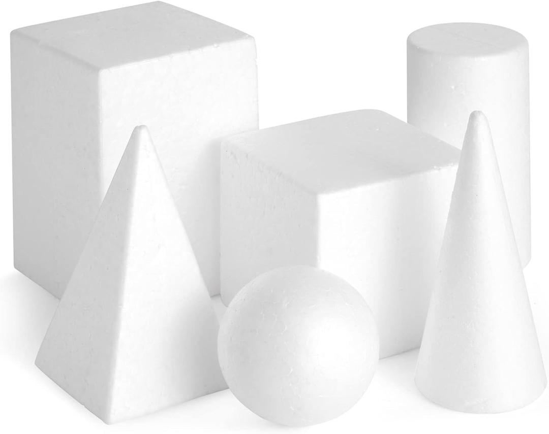 Bright Creations Foam Shapes Set - 6-Pack, White, 2.5-5.9 in - Geometric Shapes for Drawing & Modeling - 3D Foam Forms for Crafts & Education