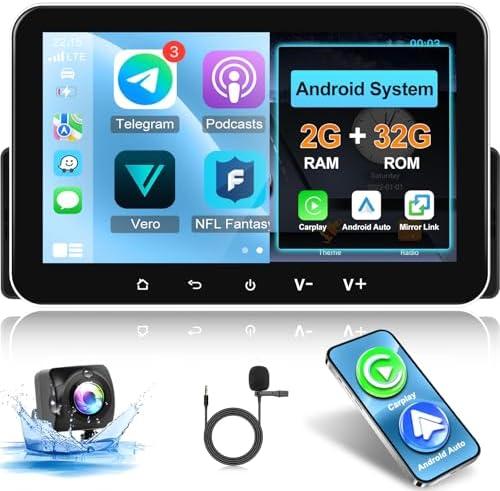 [2+32G] Single Din Android Car Stereo 7 inch Touch Screen Radio with Wireless Carplay & Android Auto/Mirror Link/EQ Audio/FM Radio/Bluetooth/SWC/GPS Navigation + AHD Backup Camera