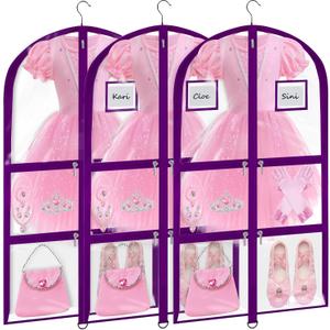 Garment Bags for Dance Costumes - 40 Inch Clear PVC with 5 Zipper Pockets (3 Pack) - Kids Dance Garment Bag for Dancers, Hanging Clothes Storage, Competitions & Travel (Clear Purple)