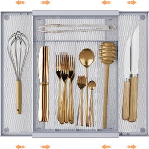 Sedegn Silverware Organizer Metal Mesh, Drawer Organizer, Utensil Cutlery Tray Expandable Flatware Organizer with 7 Compartment Silver 9.6"~16.1" x 13.8"