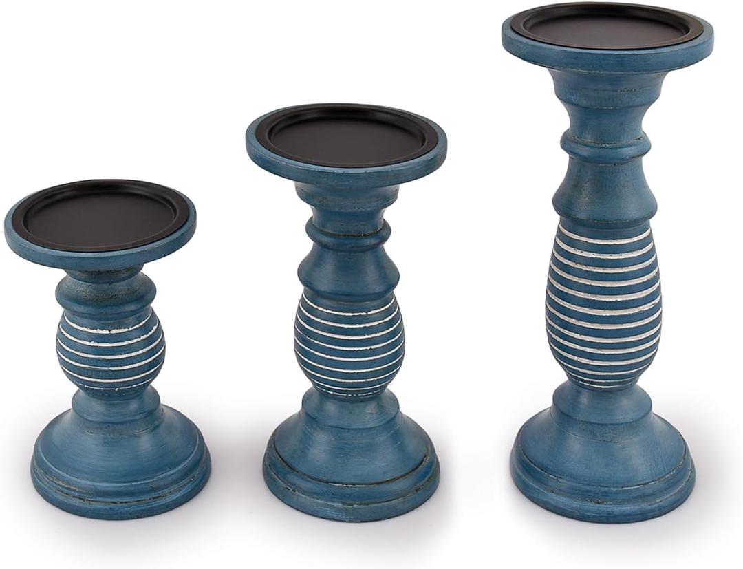 Candleholder Sets Mango Wood Blue Distressed Finish for Rustic, Vintage, and Antique Style Interior Designs for Table Centerpieces Brown Home Decor Kitchen