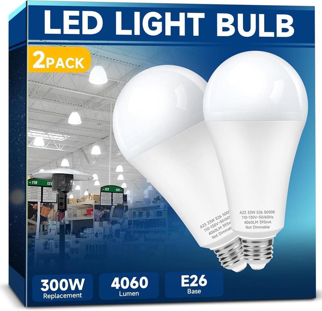 300W Equivalent LED Light Bulb, Super Bright 4060 Lumen, 5000k Cool Daylight White, A23 E26 Medium Base, 33 Watt LED Bulb, No-dim, for Garage Warehouse Workshop Backyard Patio Supermarket, 2-Pack