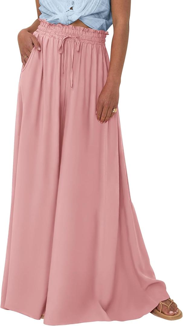 PRETTYGARDEN Women's 2025 Summer Wide Leg Palazzo Pants High Waisted Flowy Pockets Trendy Casual Lounge Boho Beach Trousers (Medium, Pink)