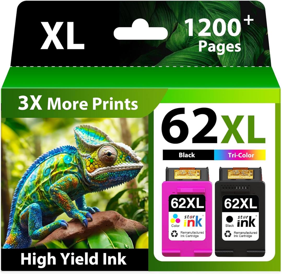 Starink Remanufactured 62XL Ink Cartridge Combo Pack Replacement for Ink 62 Ink Cartridges Black and Color Fit with Envy 7640 7645 5660 5540 5640 7644 OfficeJet 5740 5741 8040 200 250 258 Printer, 2P