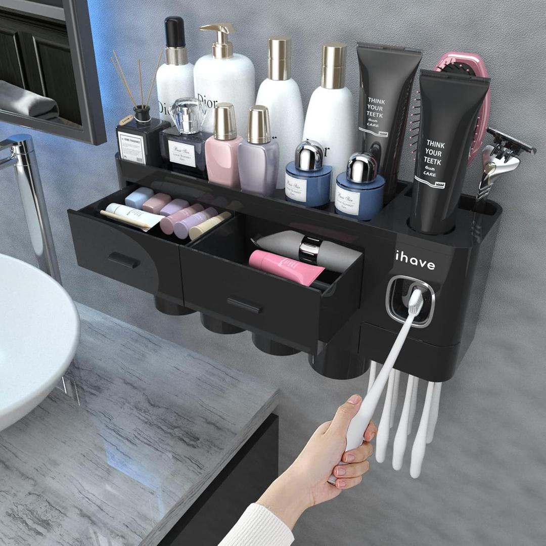 ihave Toothbrush Holders for Bathrooms, 4 Cups Toothbrush Holder Wall Mounted with Toothpaste Dispenser - Large Capacity Tray, 2 Cosmetic Drawers - Bathroom Storage & Bathroom Organizer (Black)