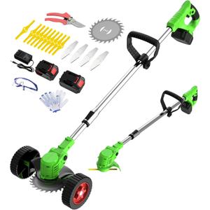 Electric Weed Wacker Cordless Weed Trimmer Eater Battery Powered with 2 Battery Operated & Charger & Wheels & Shears, Lightweight 3 in 1 Grass Trimmer/Brush Cutter/Lawn Edger for Lawn, Garden