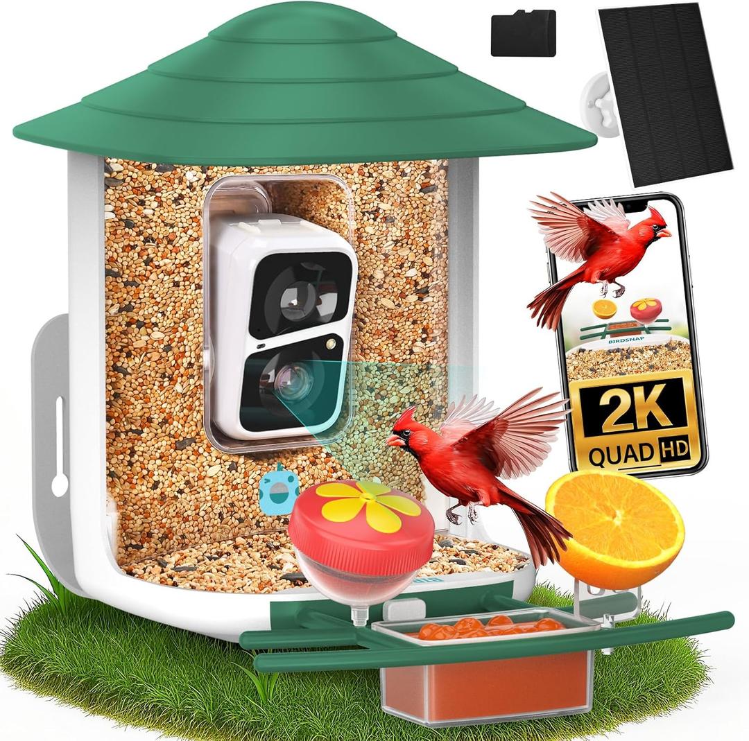 birdsnap TUC Bird Feeder with Camera 2K HD, Solar Panel 32GB Card 4-in-1 Perch, 160View Auto Detect & Notify AI Identify Video Bird Camera Wireless Outdoors Ideal Gift for Birds Lover (Dark Green)
