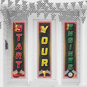 Oudain Racing Car Party Decorations 3 Racing Fans Banners 32. 8 ft Black and White Checkered Pennant Flag Banner, Hanging Race Car Birthday Party Decor for Indoor Outdoor School Game Supplies