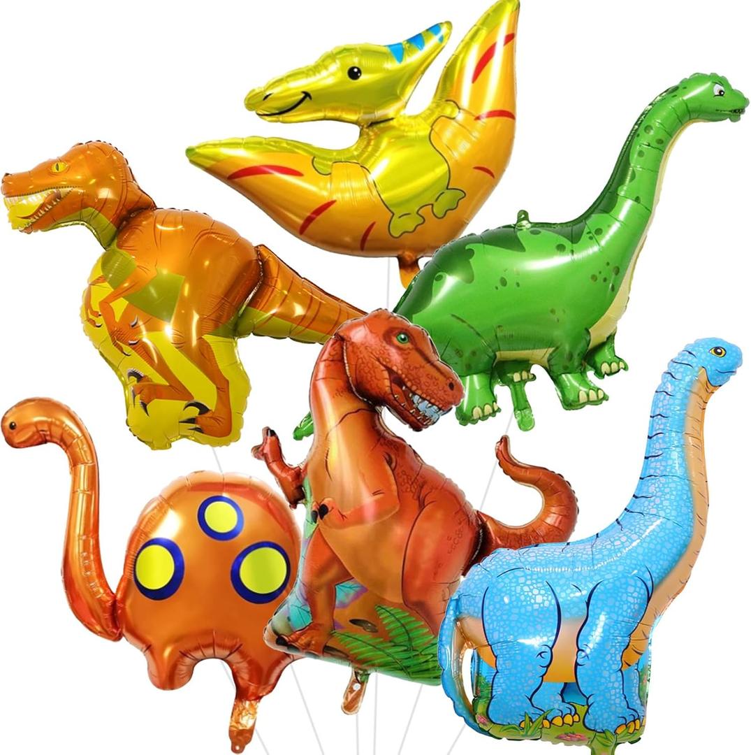 Dinosaur Foil Balloons Set (35-50 In), 6 Pieces Large Dinosaur Mylar Helium Balloons for Kids, Giant Cute Dino Birthday Party Decorations Kit for Boys Jungle Safari Theme Baby Shower Decor Supplies
