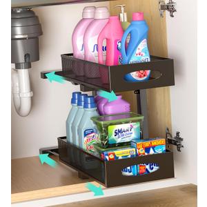 Under Sink Organizer, 1-Pack of 2-Tier Metal Slide Out Pull Out Cabinet Organizer Shelf, Height Adjustable Organization and Storage Series, Bathroom/Desktop/Cabinet/Kitchen organization, Black