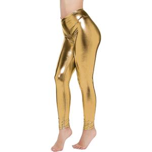 Loxdonz Women Wet Look Shiny Metallic Leggings Liquid Waist Stretch Pants (XX-Large, Gold)