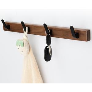 17 Inch Walnut Wood Wall Mounted Coat Rack with 4 Black Hooks, Adhesive Mounted Entryway Hooks, Modern Natural Wooden Pegs for Hanging Coat Clothes Hat Bag Purse Key and Towel