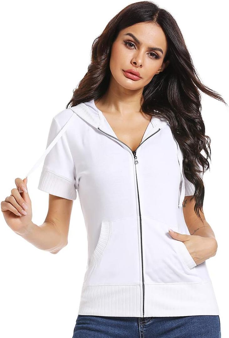 MISS MOLY Women's Short Sleeve Hoodie Full Zip Up Cotton Slim Fit Sweatshirt with Pocket (White, L)