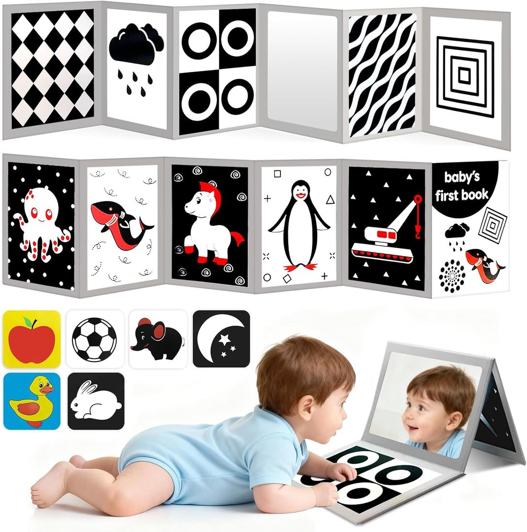 High Contrast Baby Flashcards with Black and White Tummy time Mirror Books, Newborn Brain Development Toys for 0-6 Months Baby as Infants Gift