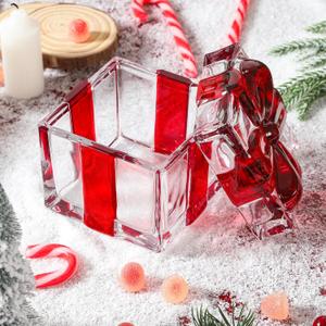 USmagically Valentines Glass Candy Jars, Bowknot Square Christmas Theme Glass Jar for Holiday Desserts, Cookies & Candy Display, Festive Party Bowl, Red Valentines Decorations Gifts