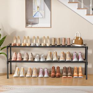 Long Shoe Rack 2 Tier Shoe Storage Organizer Wide Stackable Shoe Organizer Racks for Closet Entryway,Shoe Shelf Stand Sturdy Durable Shoes Rack Holder Save Space (11.8"D x 42.5"W x 14.3"H, Black)