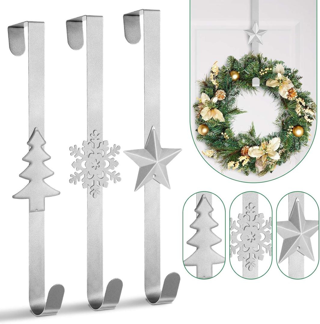 Whaline 3Pcs Christmas Wreath Hanger Over The Door Metal Wreath Hook Star Snowflake Christmas Tree Wreath Holder for Xmas Party Decor Door Wall Home Office, Silver, 15in