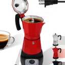 Electric Moka Pot with Detachable Base Aluminum Espresso Maker 10oz 6 Cup 300ml Red Italian Coffee Maker for Kitchen Home 110V