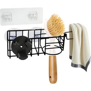 Sponge Holder Smile Face with Dish Cloth Hanger for Kitchen Sink, In-sink Caddy Organizer with Suction Cups & Adhesive Strips, Rustproof Sponge Rack for Soap, Brush, Scrubber - Black