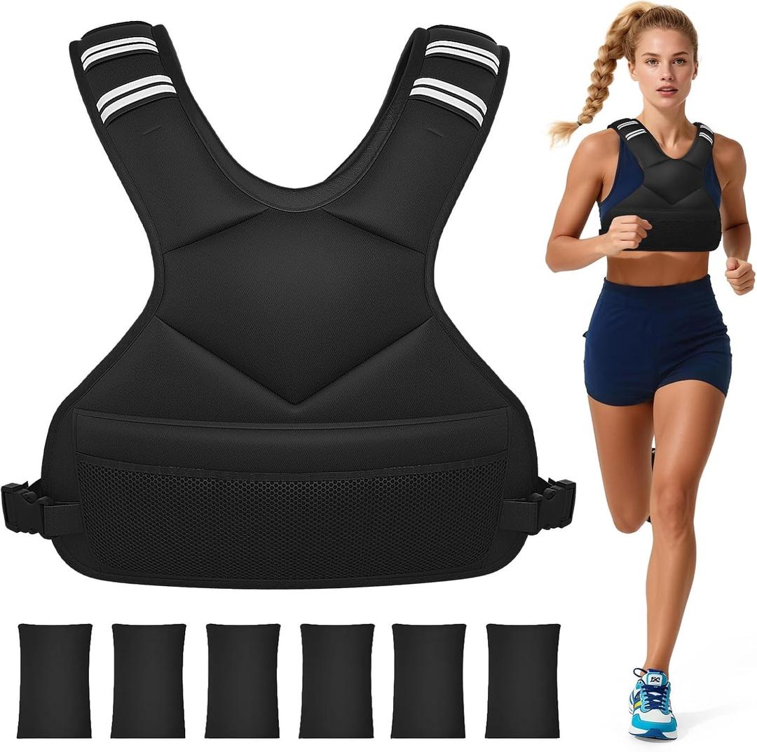 Adjustable Weighted Vest for Women Men, 4-10lb/12-18lb/ Vest with 6 Ironsand Weights, Weight Vest with Reflective Strip for Running, Walking, Exercise, Strength Training (Black, 4-10LB)