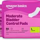 Amazon Basics Incontinence Pads for Women, Postpartum, Long, Bladder Control, Moderate Absorbency, Unscented, 54 Count 2 Packs