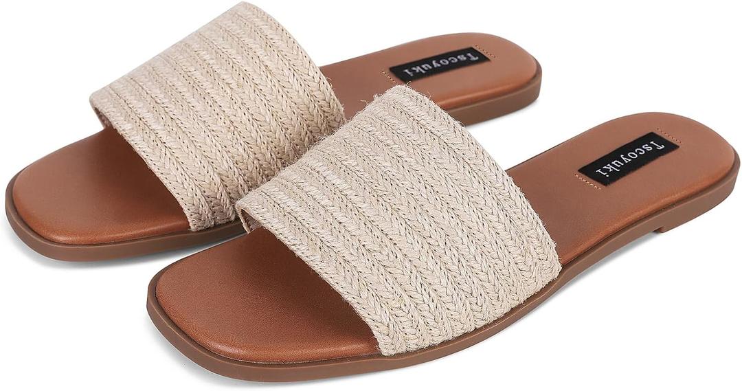 Tscoyuki Slides Sandals for Women Basic Slip On Flat Sandals Open Toe Comfort Beach Sandals Slippers for Casual Dressy Summer