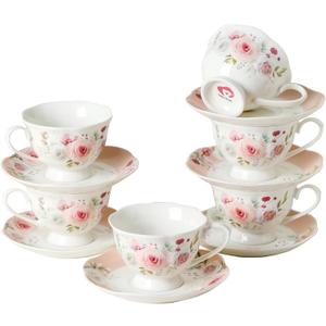 PRECITIME 6oz Floral Porcelain Tea Cup & Saucer Set of 6, Pink Rose, Party