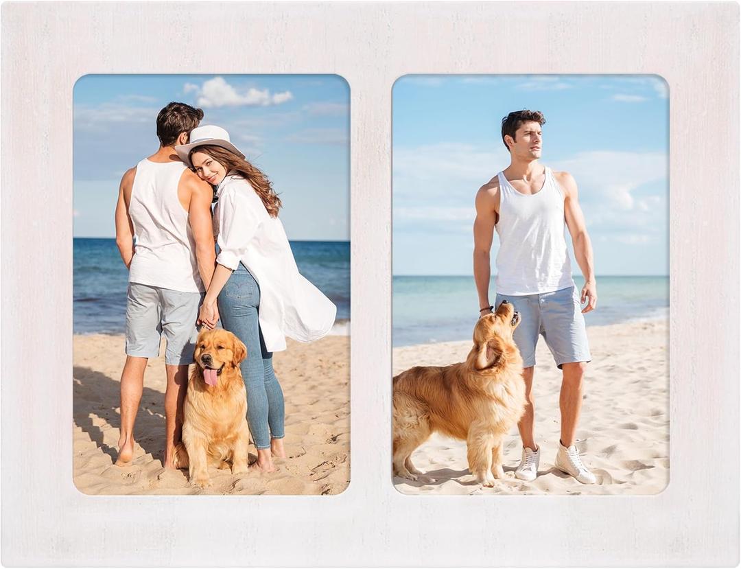 YESKAY 4x6 Picture Frame Collage  Double Picture Frames 4 x 6 Rustic White Wood Frame with Tempered Glass,2 Picture Frame 4 by 6 Wall Decor or Tabletop 1 Pack