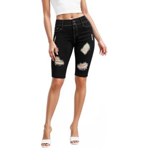 Hybrid & Company Women's Super Comfy Stretch Destructed Denim Bermuda Shorts Capri (7)