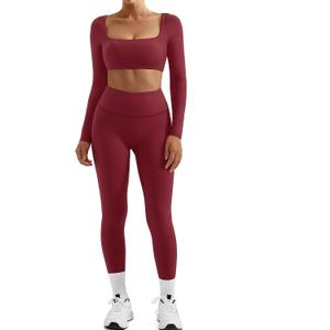 SUUKSESS Women 2 Piece Workout Sets Compression Tummy Control Leggings with Pockets Long Sleeve Square Neck Padded Crop Tops, Medium