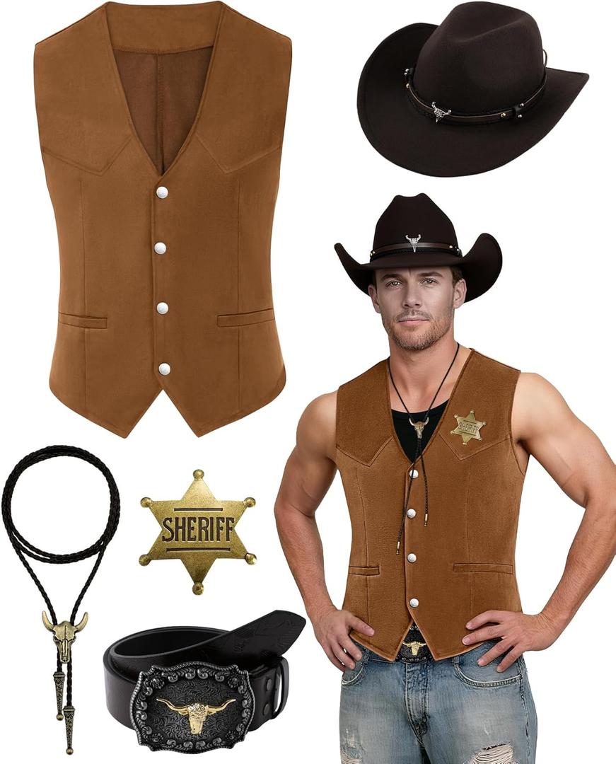 5 Pcs Western Outfits for Men Cowboy Suede Leather Vest Hat Necktie Buckle Belt Sheriff Badge for Halloween Costume (X-Large, Brown)