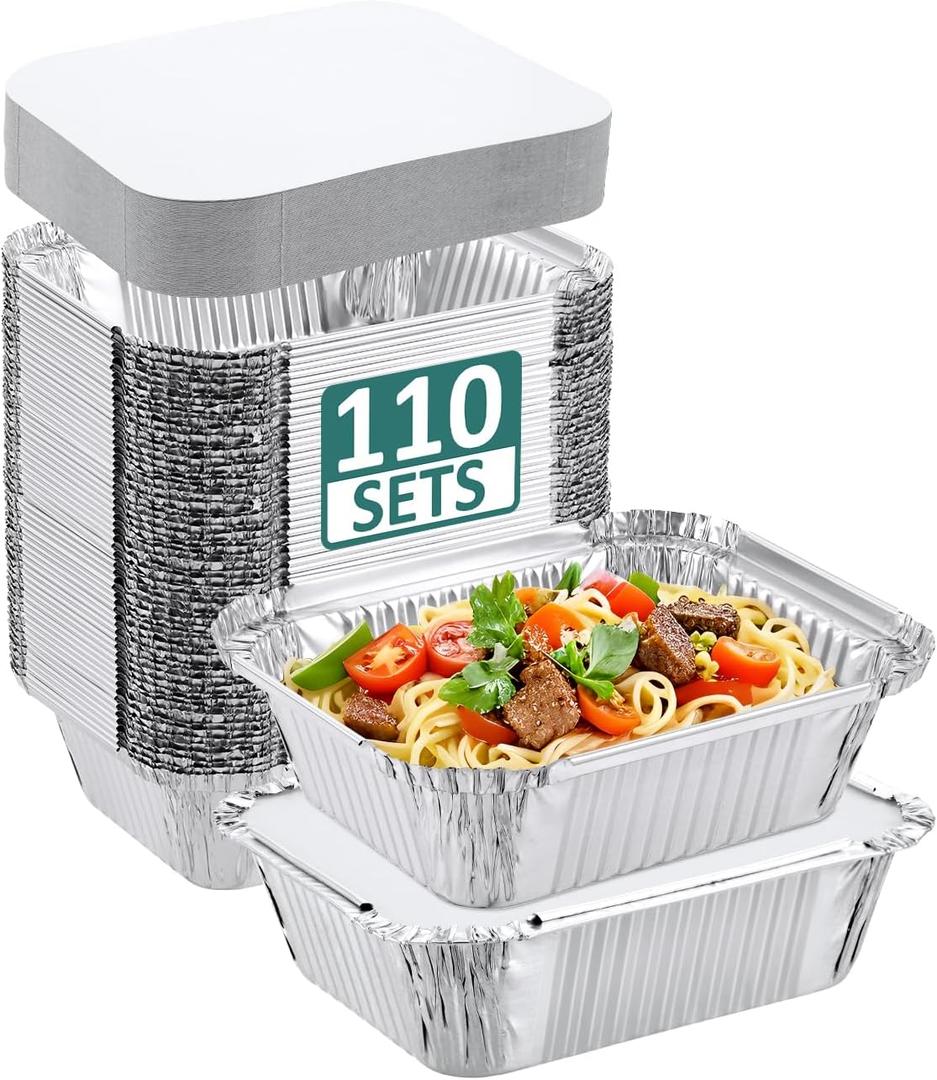 NEEBAKE 110 Pack 5x4 Disposable Small Aluminum Pans with Cardboard Lids - 1lb-Mini-Aluminum-Foil-Pans-Tin-Foil-Takeout-Trays-Food-To-Go-Containers-for-Meal-Prep-Cooking-Roasting-Heating-Baking (White Flat Lids)