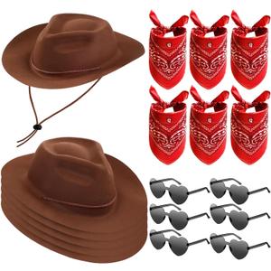 Newcotte 18 Pcs Western Cowboy Hat Set Include 6 Felt Cowgirl Hats 6 Paisley Bandanas 6 Pairs Heart Glasses for Party Costume