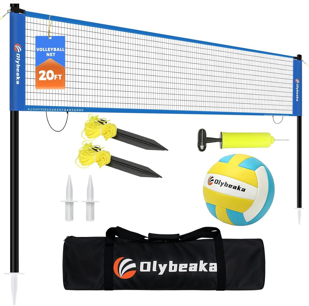 20FT Outdoor Volleyball Net Set System for Backyard Beach with Anti-Sagging Net, Iron Adjustable Height Poles, Soft PU Volleyball and Pump, Carry Bag - Instant Set Up & Durable