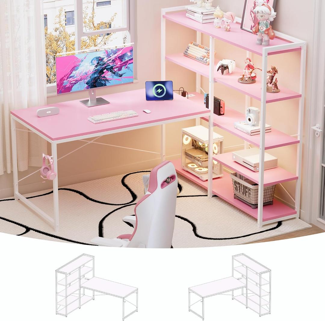 Pamray L Shaped Computer Desk with Reversible Side Storage Shelves, 49 Inch Gaming Desk with Power Outlets and Led Lights, PC Table for Home Office and Bedroom Pink