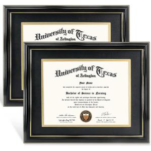 GraduationMall 8.5x11 Diploma Frame with Black over Gold Mat or Display 11x14 Certificate without Mat,Solid Wood & UV Protection Acrylic,Glossy Black Finish with Gold Trim,2 Pack