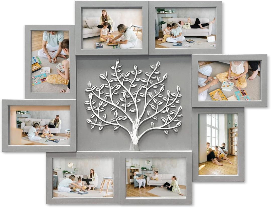 HELLO LAURA - Picture Frame Collage Large Wall Hanging Photo Frames Elegant Tree Collage Frame Gifts for Family Friends 4x6 inch Home Wall Decor Gallery Display (Grey)