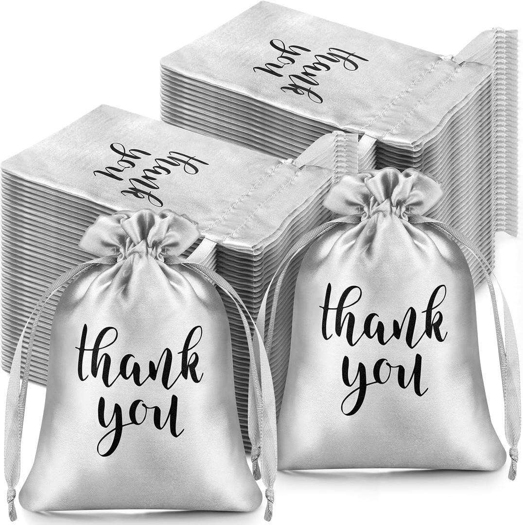 Roowest 100 Pcs Thank You Satin Gift Bags Drawstring Jewelry Candy Pouches for Wedding Bridal Shower Baby Shower Favor Drawstring Bag for Birthday Holiday Party (4 x 6 Inch, Silver)