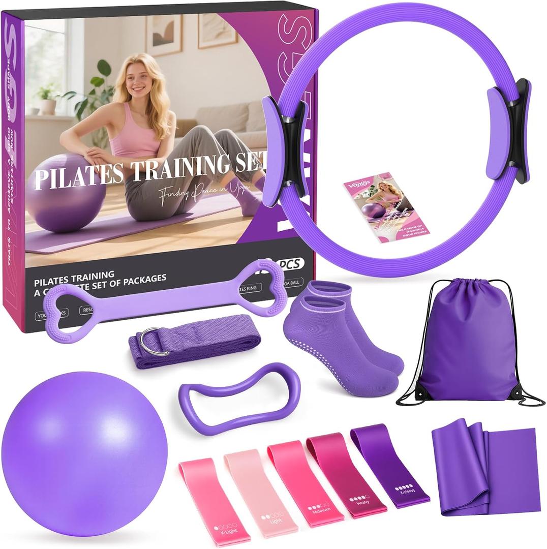 Pilates Kit 13Pcs Home Pilates Essentials Workout Kit with 13" Ring, 10" Ball and Resistance Bands for Women at Home Pilates Equipment Set for BeginnersElectric Purple
