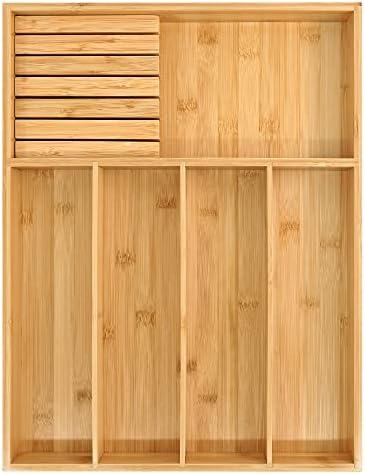 VaeFae Bamboo Silverware Organizer (Non-expandable), Utensil Holder for Drawer, Wooden Cutlery Tray with Divider for Kitchen Drawer, Utensil Organizer with Knife Block