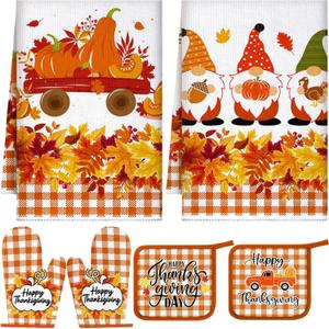 Leinuosen 6 Pack Thanksgiving Kitchen Set with 2 Gnome Dish Towels, 2 Maple Leaves Pot Holders and 2 Car Oven Mitts for Gifting, Baking, and Cooking Accessories (Vibrant Color)