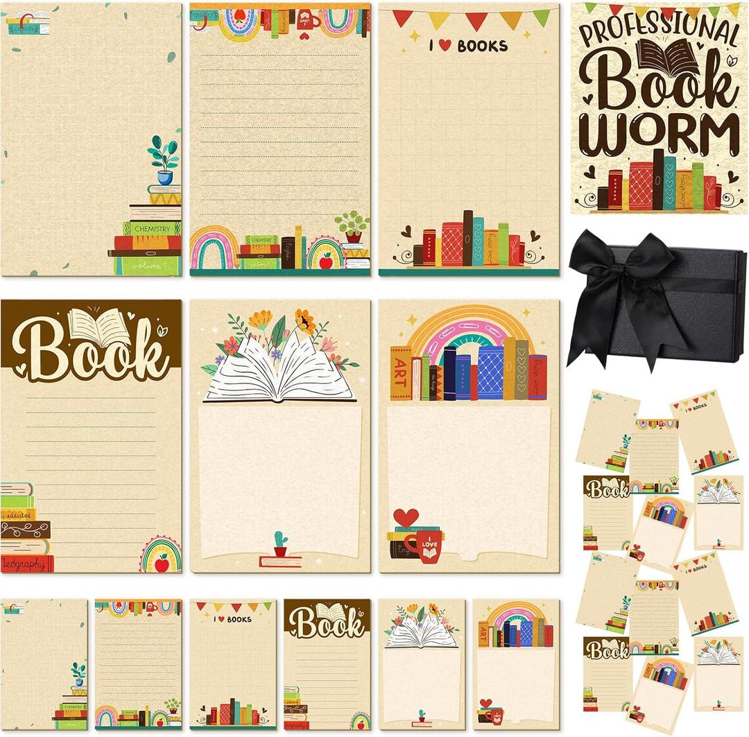 Gilprop 12 Pcs Book Club Sticky Note Set Book Lover Gifts Cute Sticky Note Pads Bookworm Task Trackers with Box Greeting Card Funny Gift for Reader Bookish Desk Office School Supplies