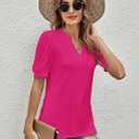 Romanstii Women Casual V-Neck T-Shirts Loose Puff Short Sleeve Tops Tunic Blouses (X-Large, Rose Red)