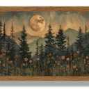 JLTULT Framed Vintage Moon Forest Canvas Wall Art, Moonlight Pine Tree Flower Wall Decor, Woodland Wildflower Picture Prints Artwork for Bedroom Living Room Office Decoration 16x24 inch Easy to Hang