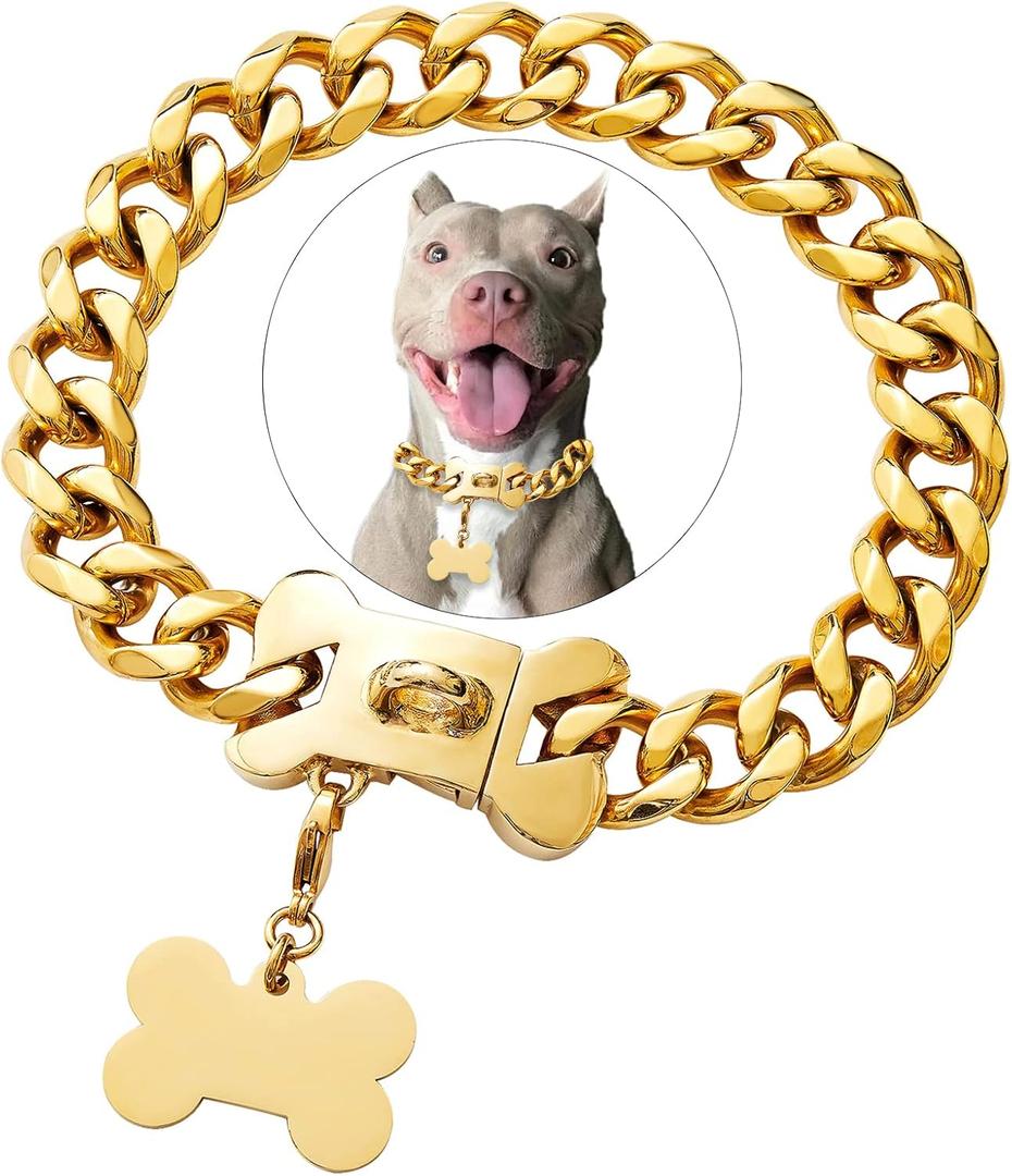 Gold Stainless Steel Cuban Link Heavy Duty Dog Collar for Small Medium Large Dogs, American Bully French Bulldog Dog Necklace Collar with Safety, Size: 16 Inch